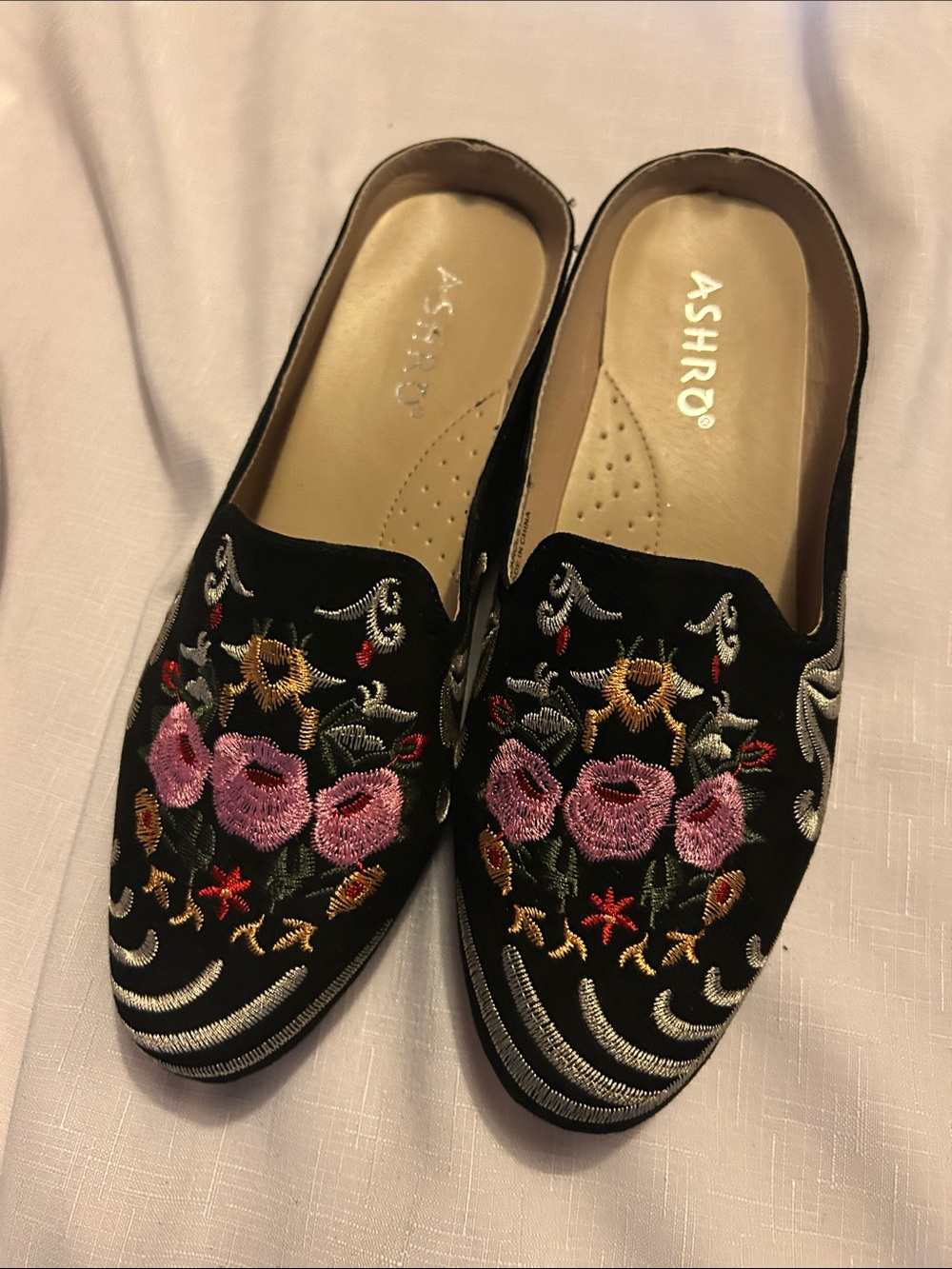 Ashro Black Embroidered Floral Slip-On Mules with Pink Flowers